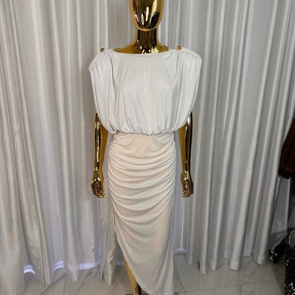 White Ruched Power Shoulder Midi Dress sz S